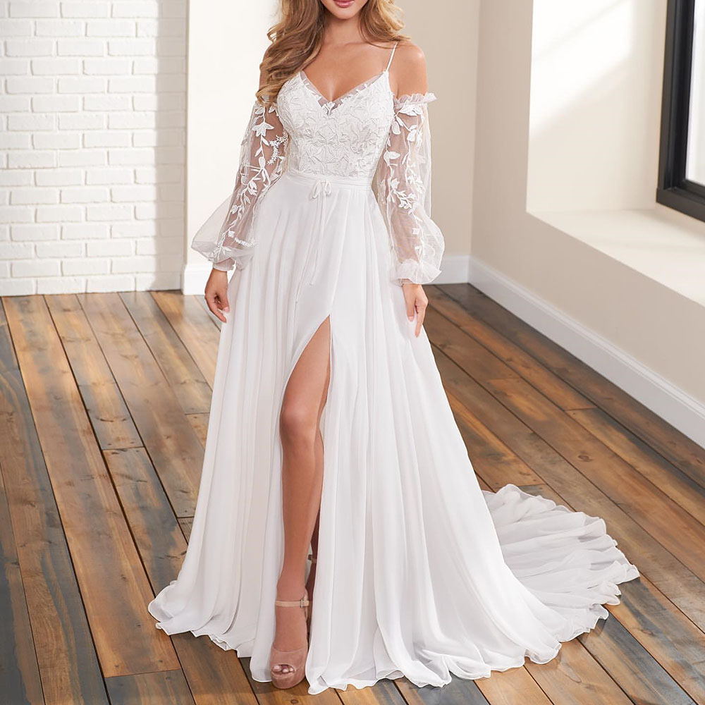 Ericdress V-Neck Draped Floor-Length Long Sleeves Hall Wedding Dress