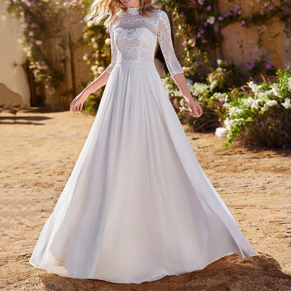 Ericdress A-Line High Neck 3/4 Length Sleeves Floor-Length Church Wedding Dress
