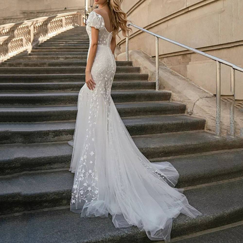 Ericdress Trumpet/Mermaid Lace Short Sleeves Floor-Length Garden/Outdoor Wedding Dress