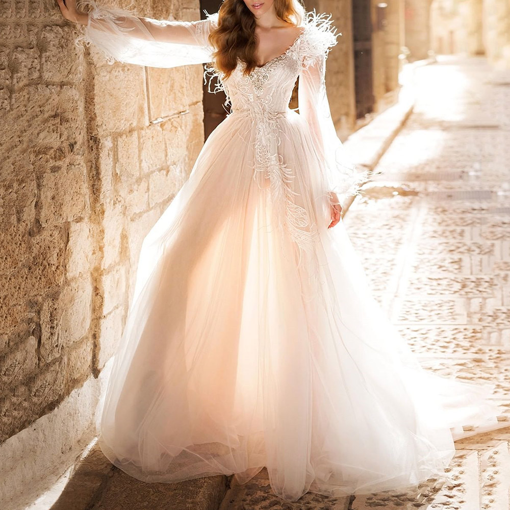 Ericdress Long Sleeves Floor-Length A-Line Feather Garden/Outdoor Wedding Dress