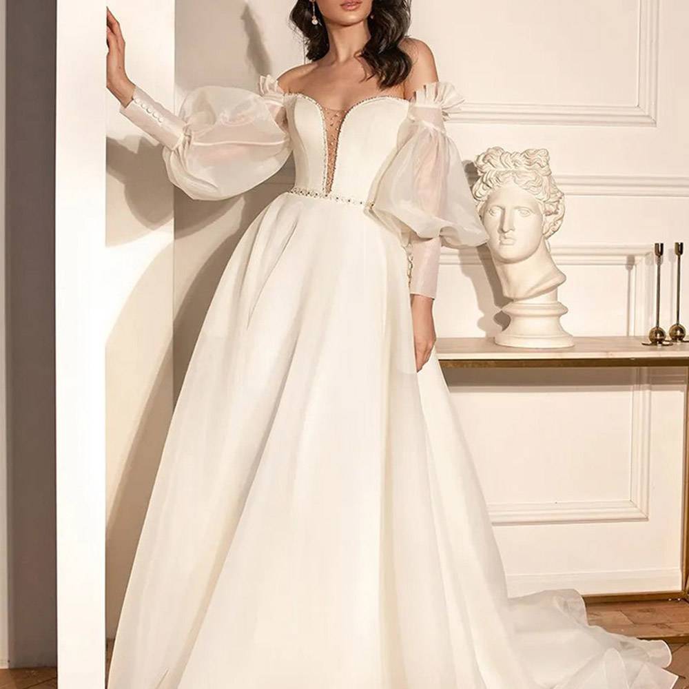 Ericdress A-Line Off-The-Shoulder Long Sleeves Floor-Length Garden/Outdoor Wedding Dress