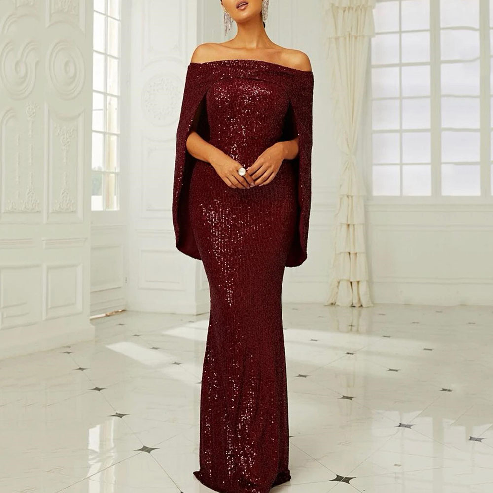 Ericdress Off-The-Shoulder Floor-Length Sequins Long Sleeves Formal Evening Dress