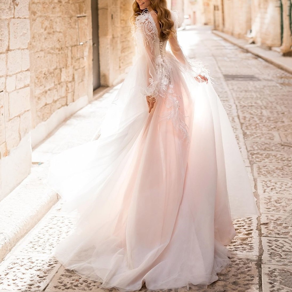 Ericdress Long Sleeves Floor-Length A-Line Feather Garden/Outdoor Wedding Dress