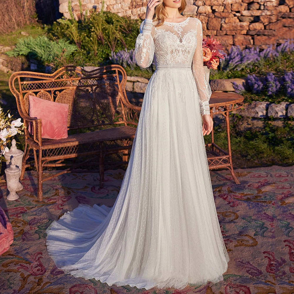 Ericdress Floor-Length Draped Long Sleeves Scoop Garden/Outdoor Wedding Dress