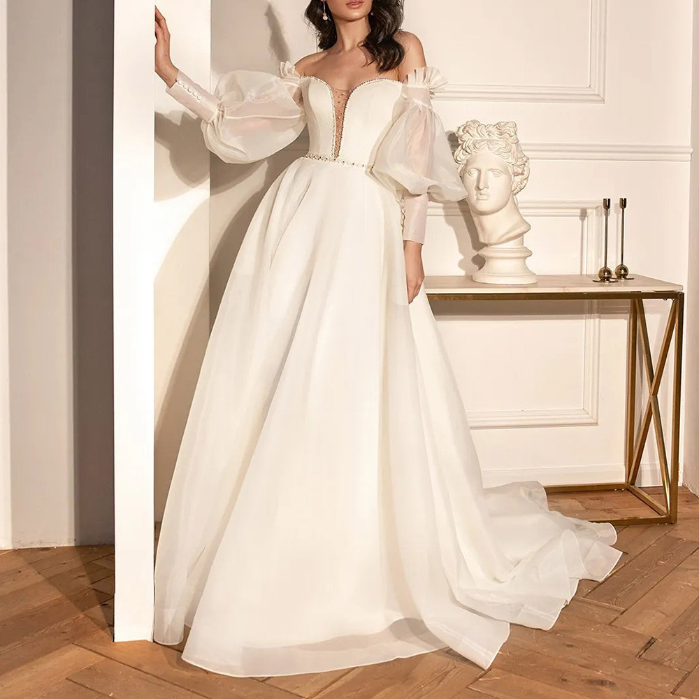 Ericdress A-Line Off-The-Shoulder Long Sleeves Floor-Length Garden/Outdoor Wedding Dress