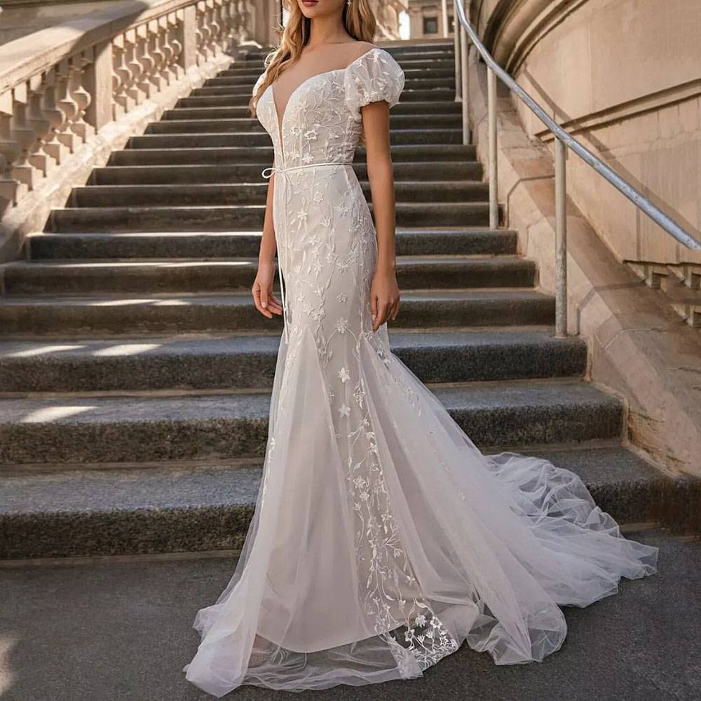 Ericdress Trumpet/Mermaid Lace Short Sleeves Floor-Length Garden/Outdoor Wedding Dress