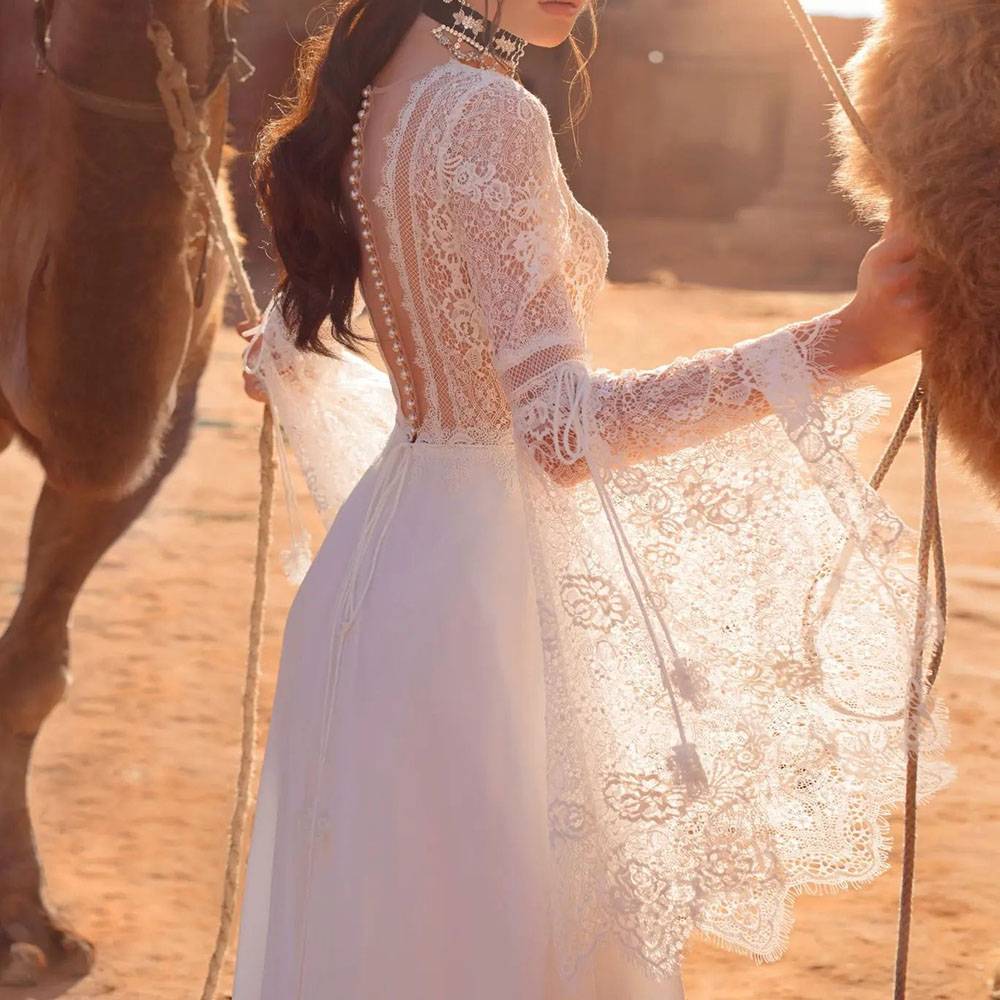 Ericdress Long Sleeves Floor-Length V-Neck Lace Garden/Outdoor Wedding Dress
