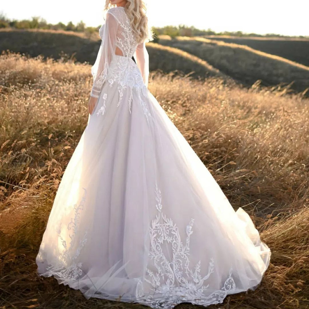 Ericdress A-Line Long Sleeves V-Neck Sequins Church Wedding Dress