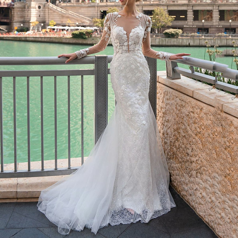Ericdress Floor-Length Trumpet/Mermaid Long Sleeves Appliques Hall Wedding Dress