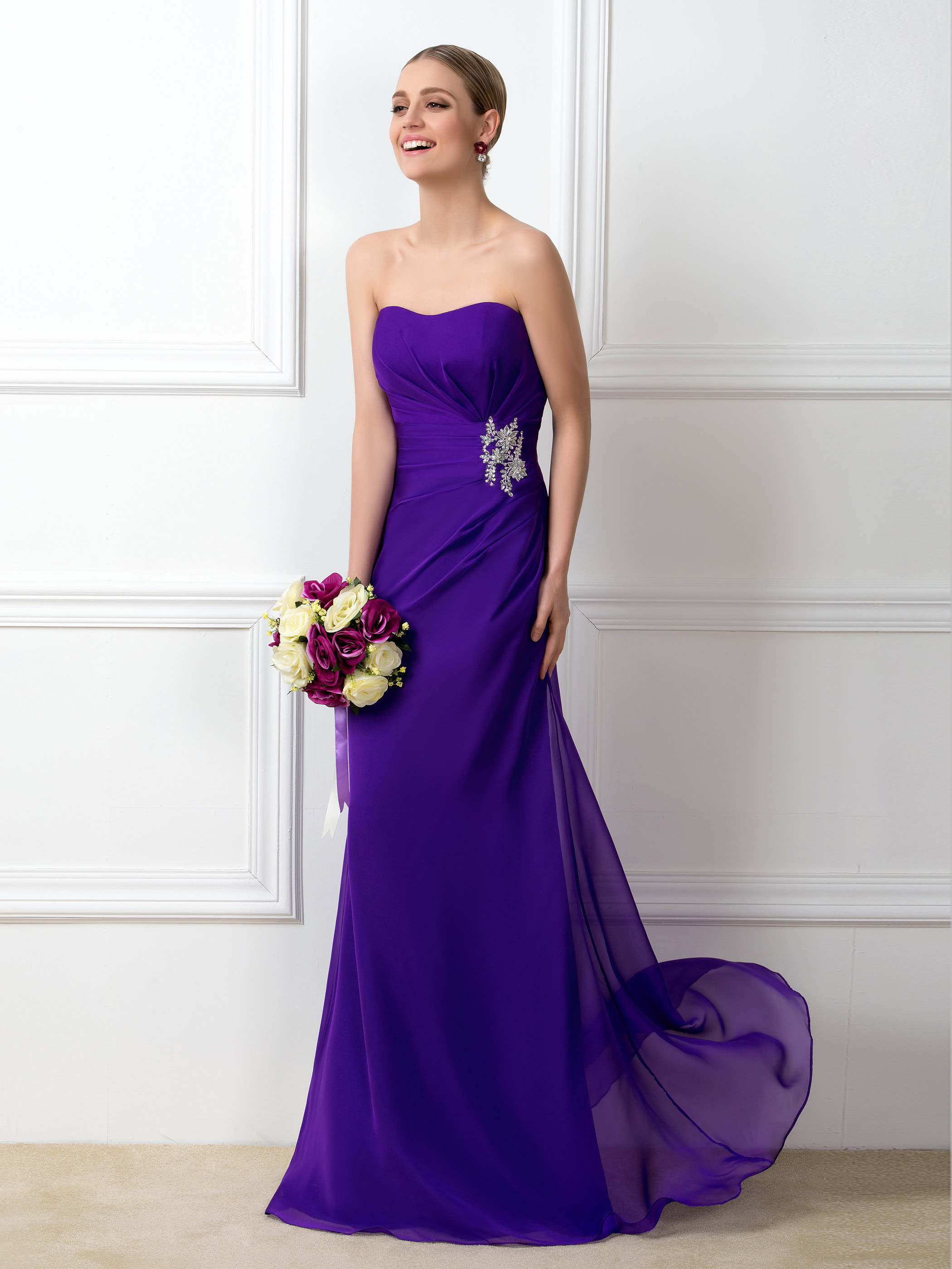 Concise A-Line Strapless Ruched Crystal Floor-Length Bridesmaid Dress