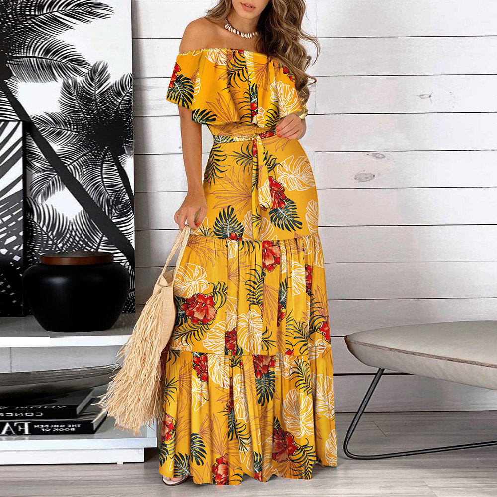 Ericdress Print Off Shoulder Floor-Length Plant Mid Waist Bodycon Dress Maxi Dress