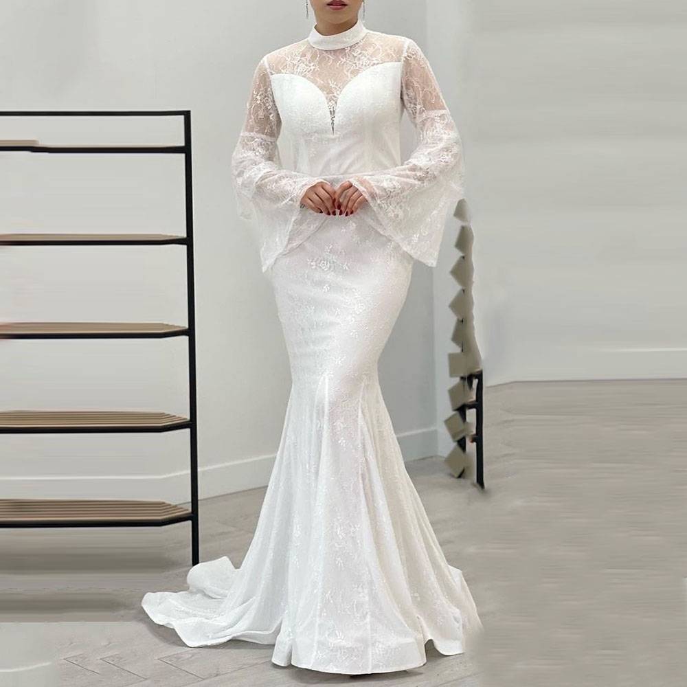 Ericdress Trumpet/Mermaid Long Sleeves High Neck Ruffles Hall Wedding Dress