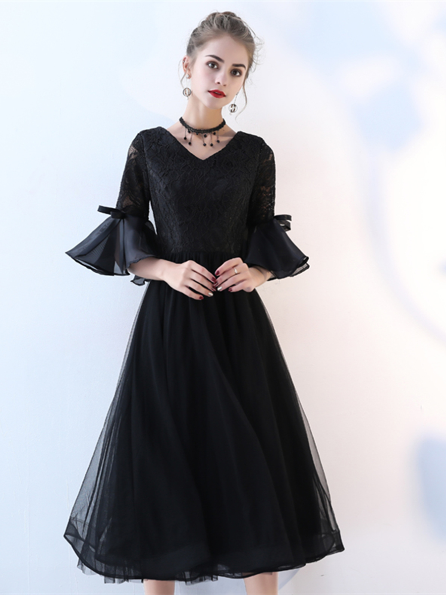 Ericdress A Line 3/4 Sleeve Lace Tea Length Lace Black Prom Dress