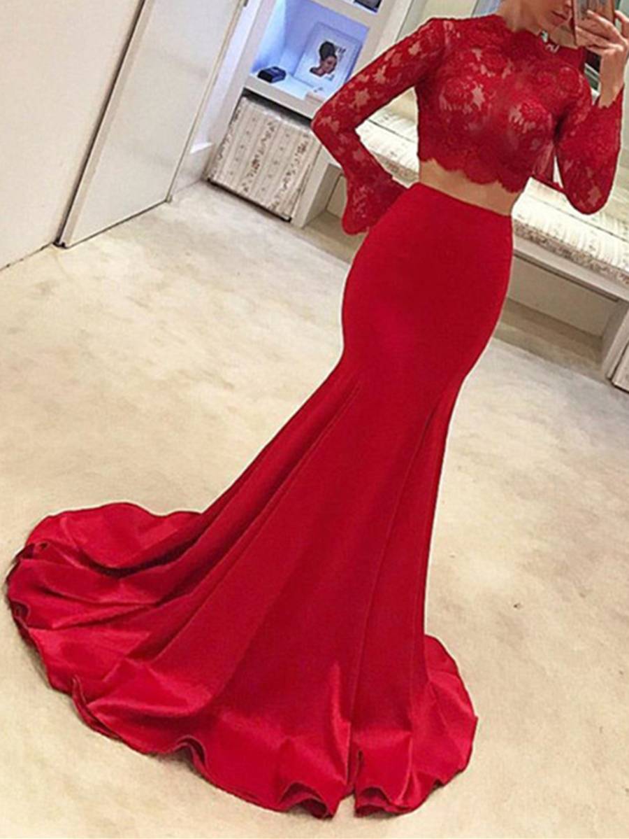 Ericdress Two Pieces Long Sleeve Lace Red Evening Dress