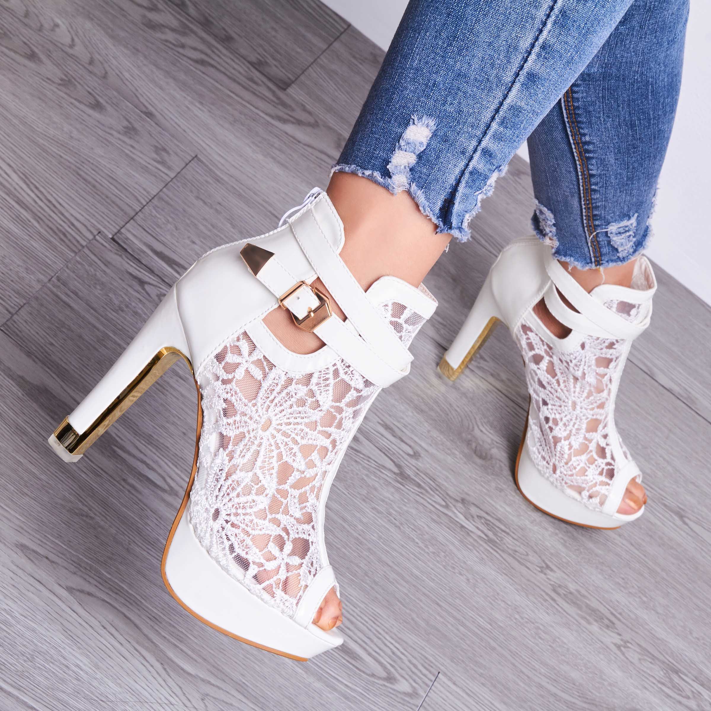 Ericdress Lace Detail Peep Toe White Heeled Platform Sandals