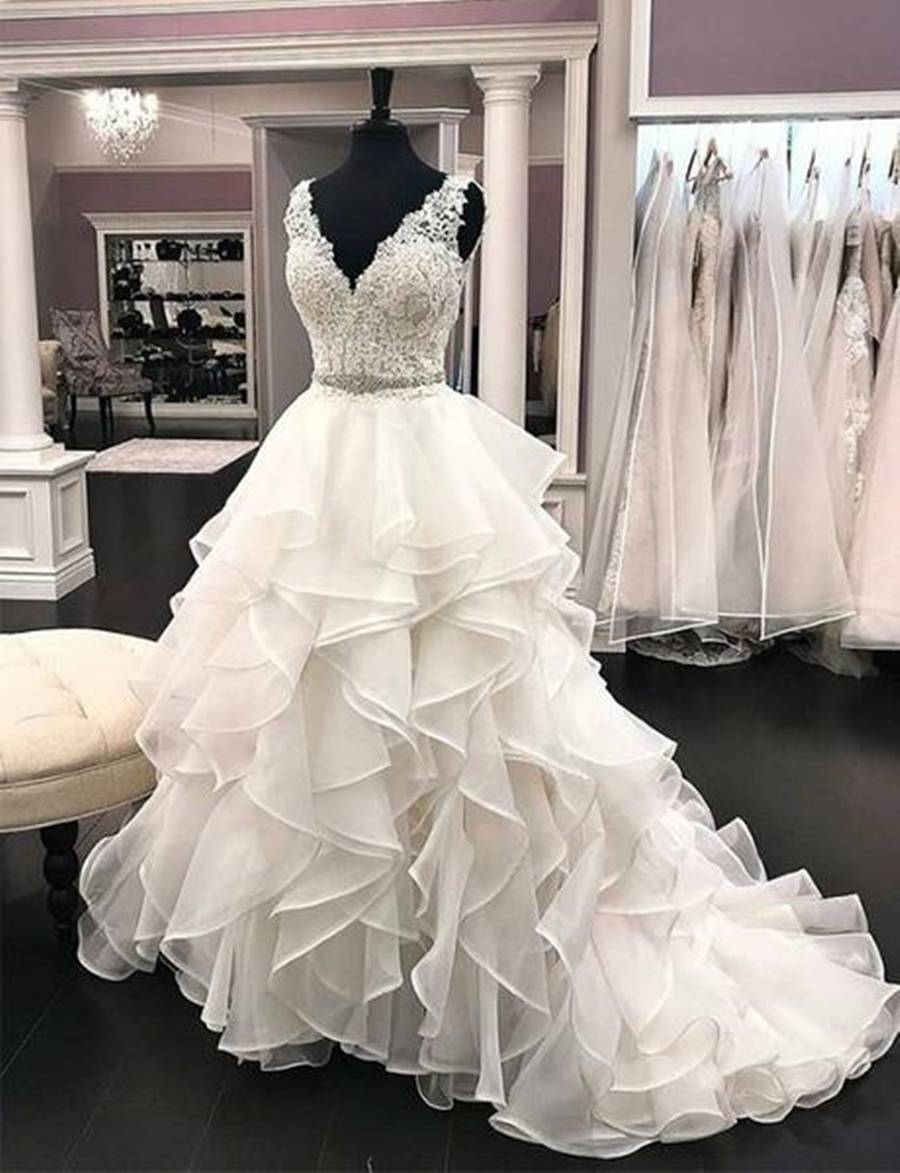 Ericdress V-Neck Beading Tiered Ball Gown Wedding Dress