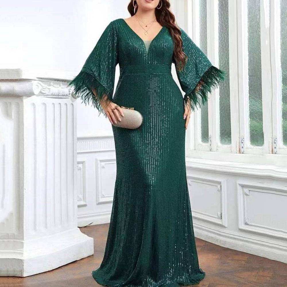 Ericdress Sequins 3/4 Length Sleeves Floor-Length V-Neck Formal Dress