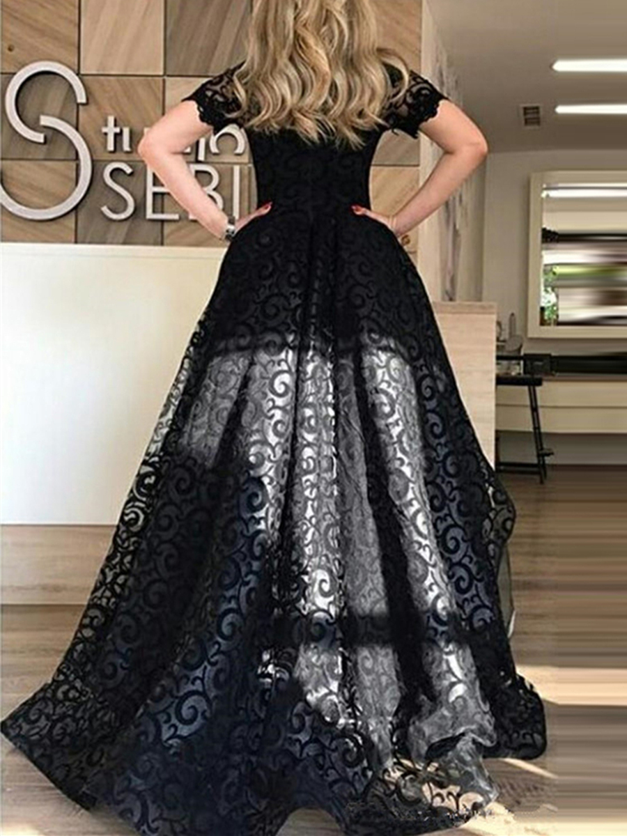 Ericdress Short Sleeves High Low Lace Black Evening Dress Black Wedding Dresses