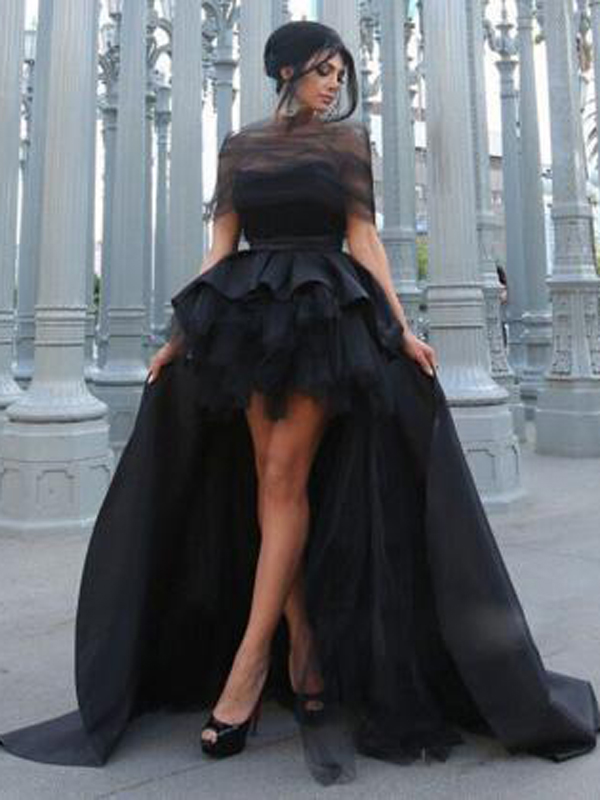 Ericdress Off-The-Shoulder Ruffles High Low Evening Dress Black Wedding Dresses