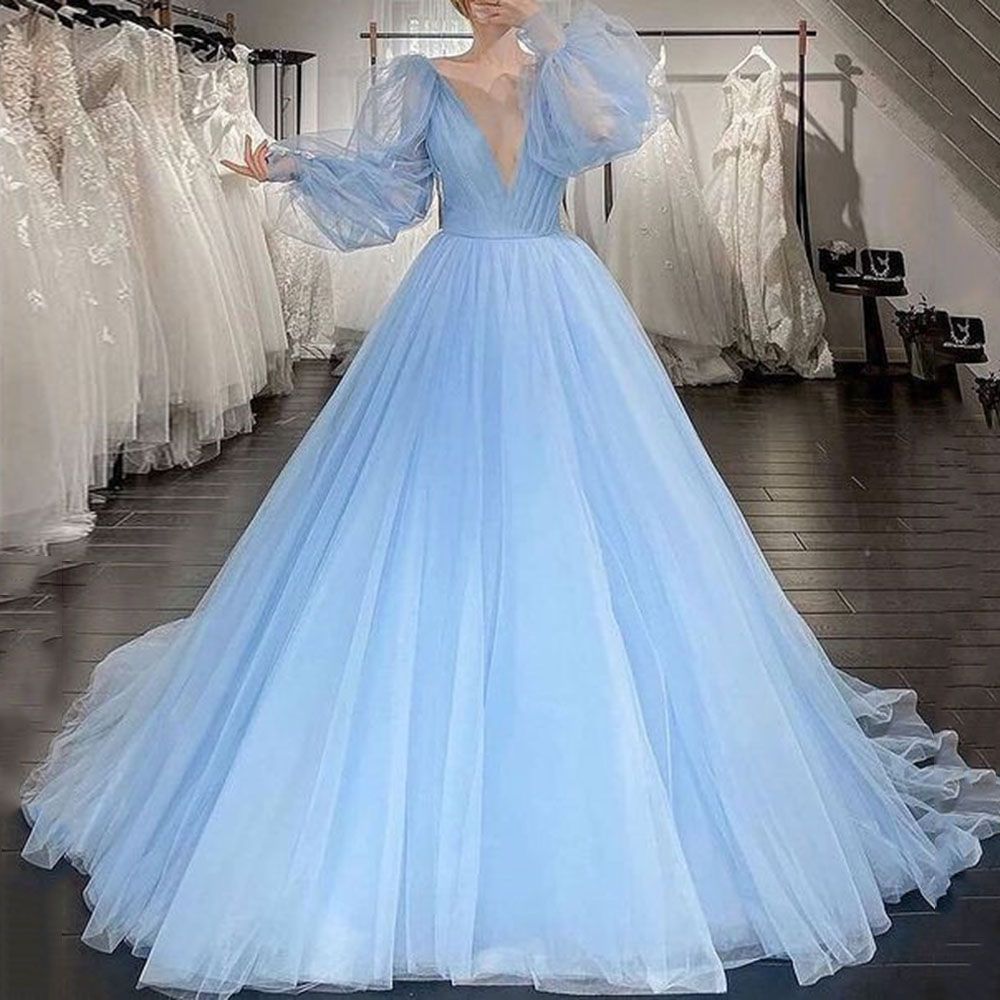 Ericdress Ball Gown V-Neck Long Sleeves Floor-Length Wedding Party Dress 2021
