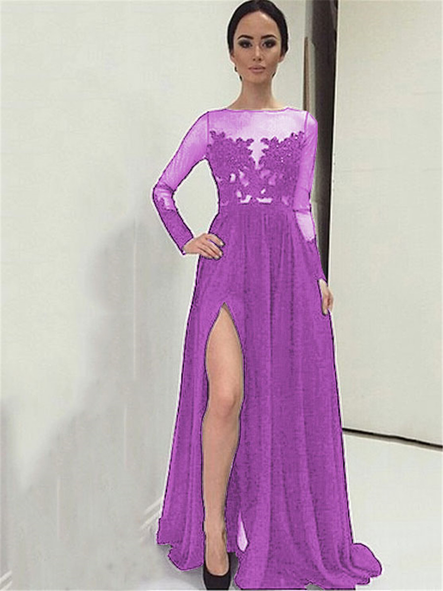 Ericdress A-Line Bateau Appliques Split-Front Evening Dress With Long Sleeves