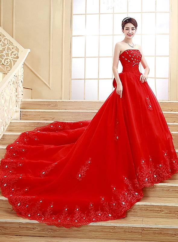 Ericdress Strapless Beading Cathedral Train Red Wedding Dress