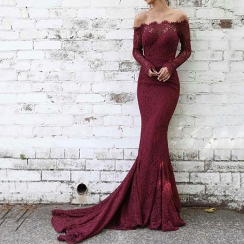 Ericdress Off-The-Shoulder Long Sleeves Lace Evening Dress