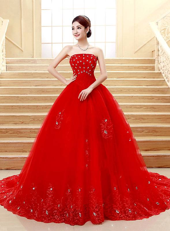 Ericdress Strapless Beading Cathedral Train Red Wedding Dress