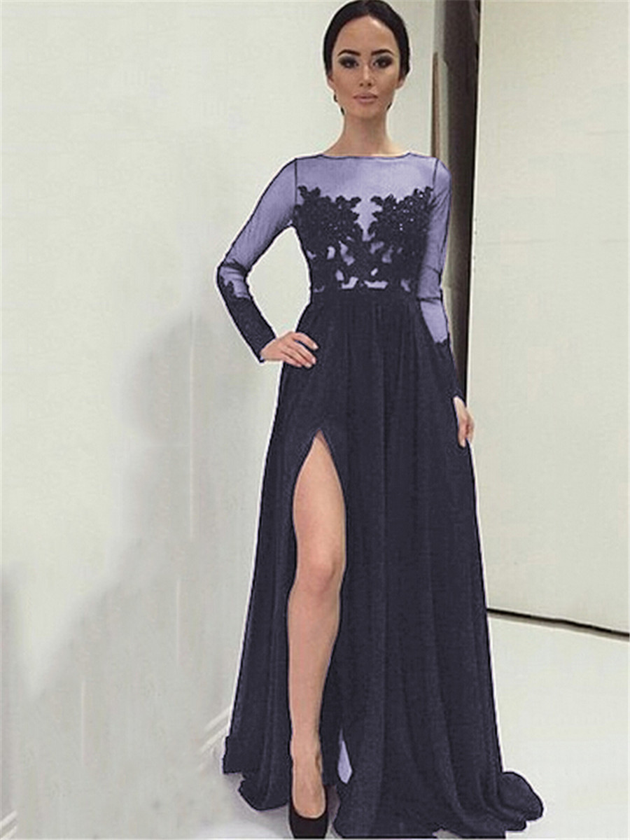 Ericdress A-Line Bateau Appliques Split-Front Evening Dress With Long Sleeves