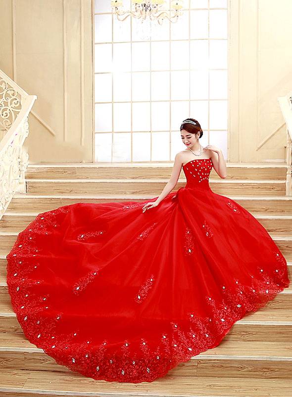 Ericdress Strapless Beading Cathedral Train Red Wedding Dress