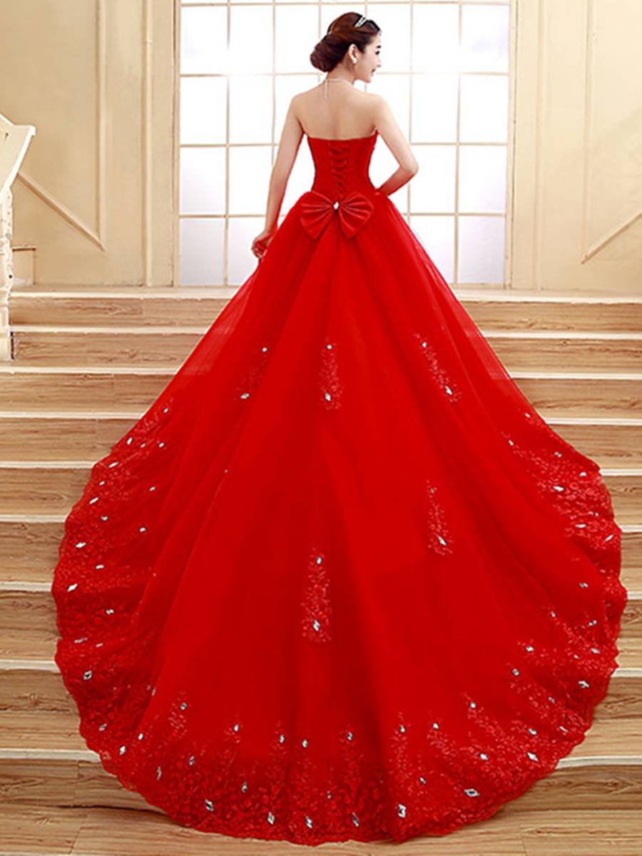 Ericdress Strapless Beading Cathedral Train Red Wedding Dress