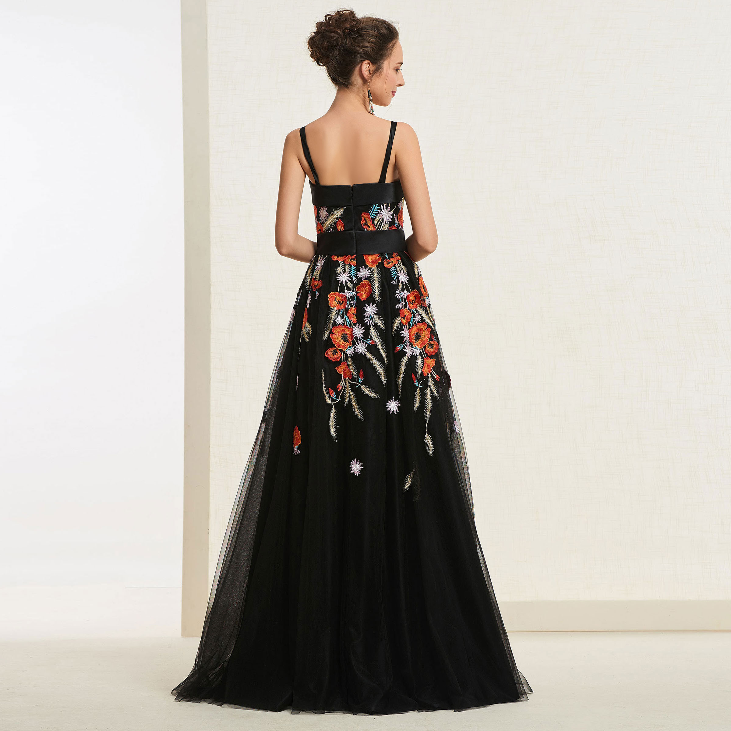Ericdress Spaghetti Straps Embroidery Black Prom Dress