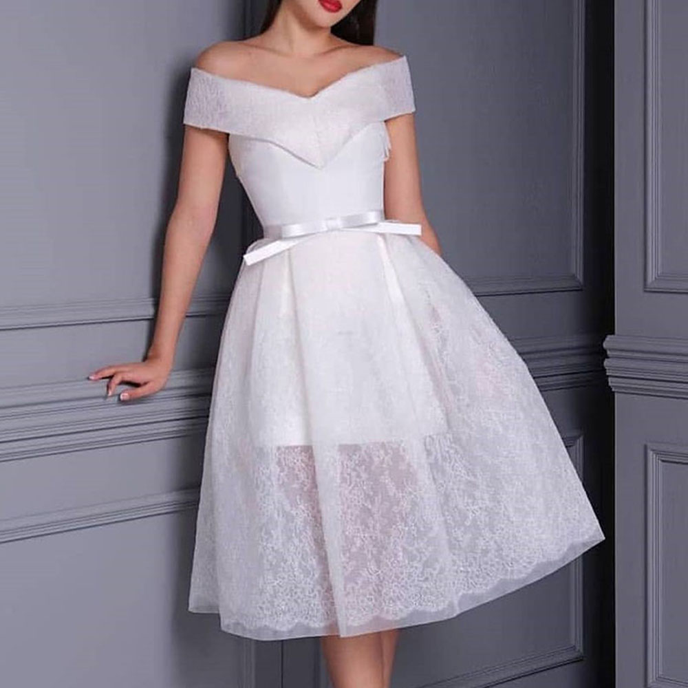Ericdress Short Sleeves A-Line Tea-Length Off-The-Shoulder Cocktail Dress