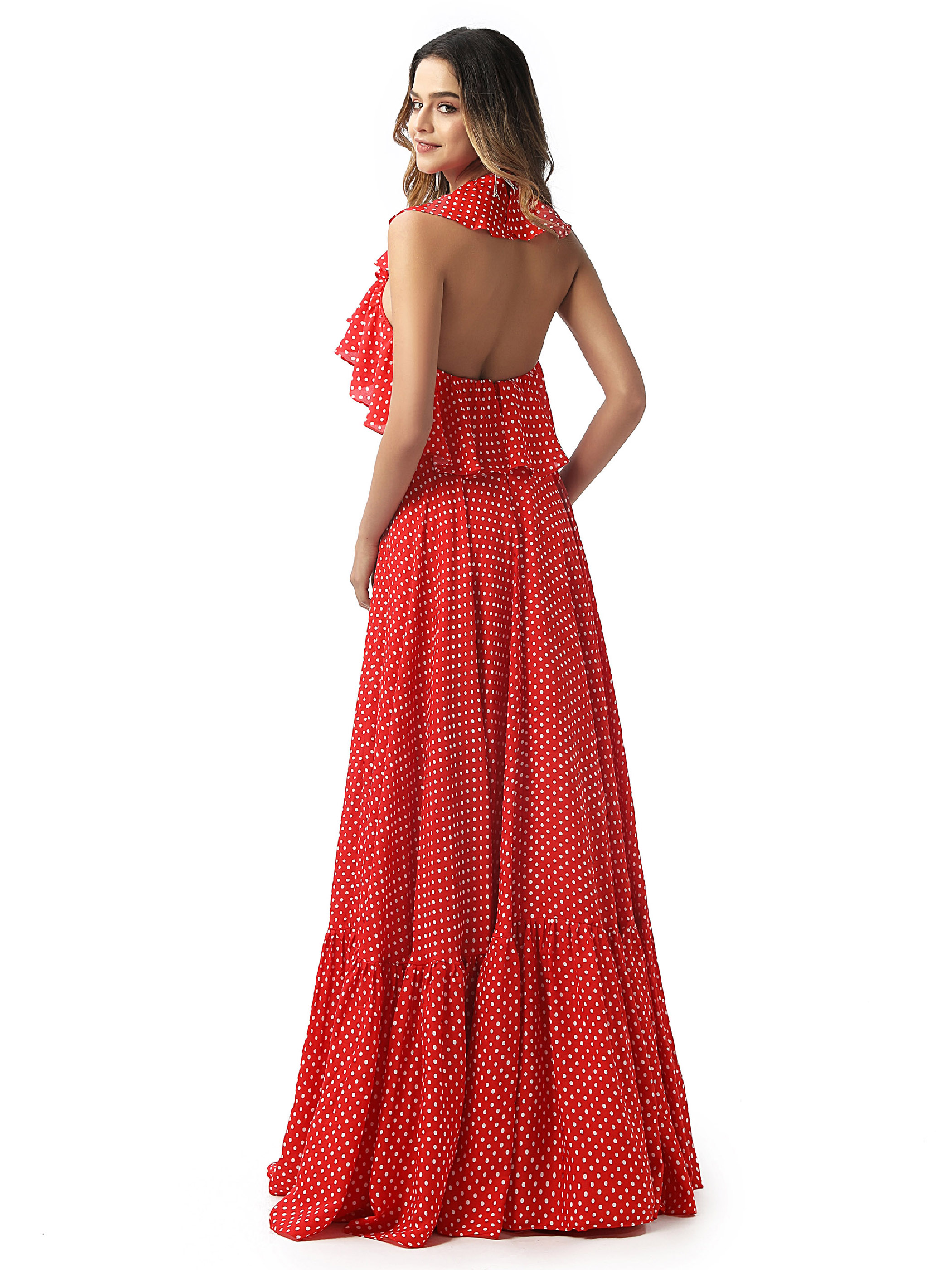 Ericdress Ruffles Halter Floor-Length Sleeveless Prom Dress