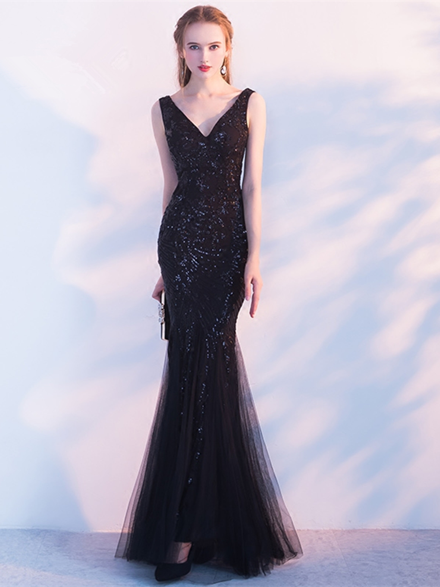 Ericdress Sheath Mermaid Sequin Black Evening Dress