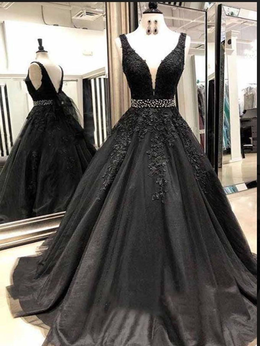 Ericdress Beading A-Line Floor-Length Prom Dress Black Wedding Dresses