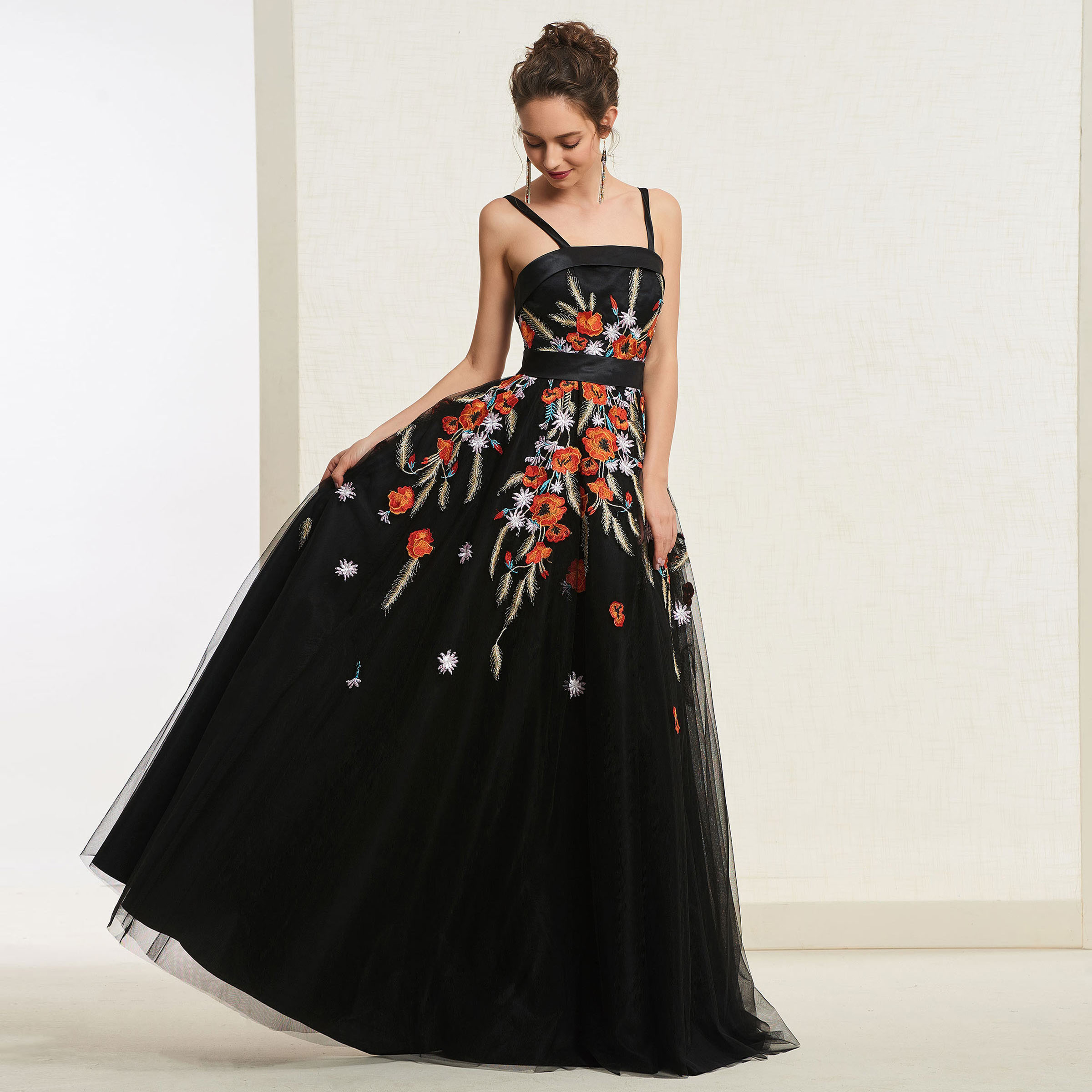 Ericdress Spaghetti Straps Embroidery Black Prom Dress