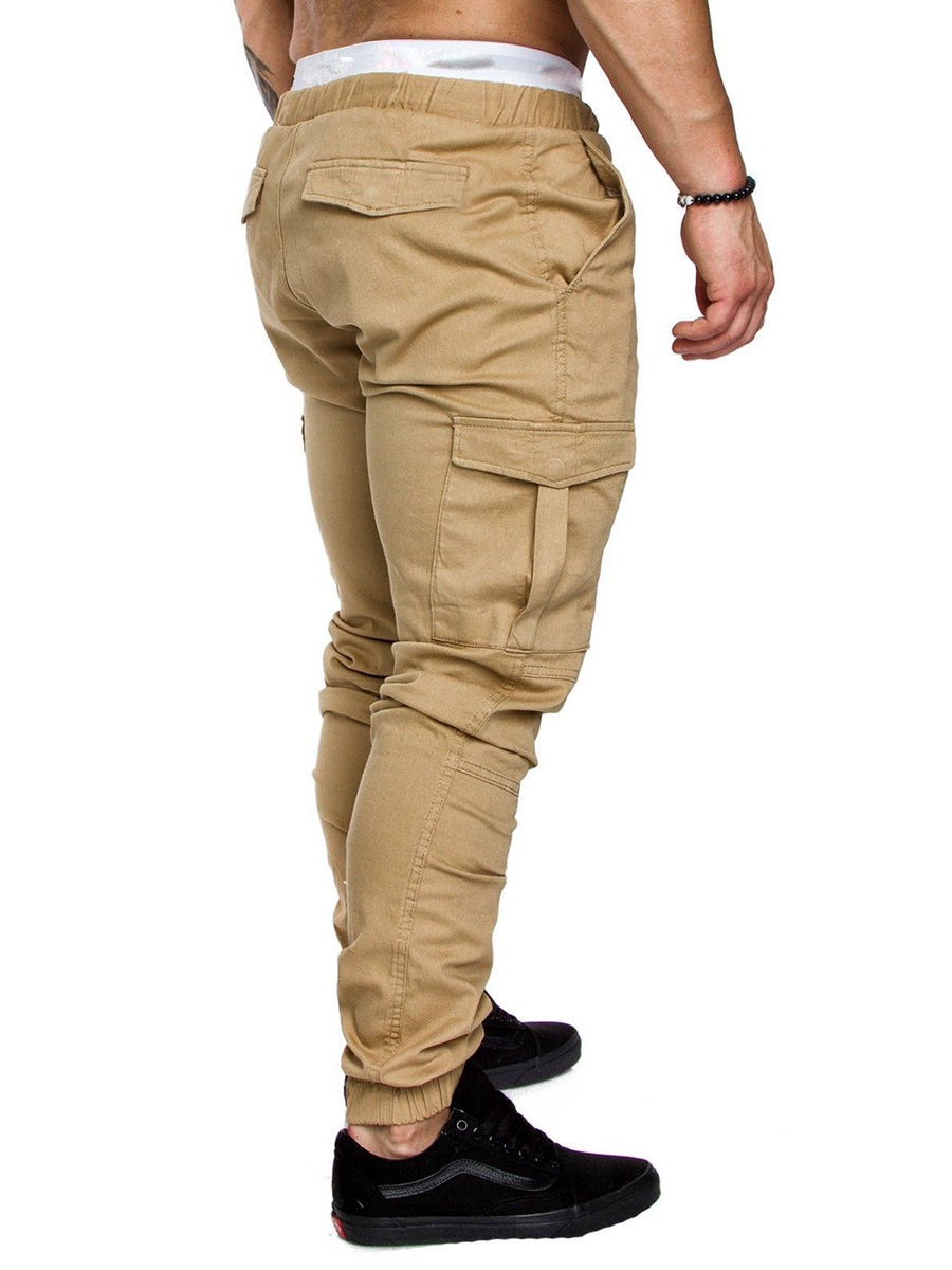 Ericdress Cargo Pants Plain Khaki Lace Up Pocket Mens Casual Pants
