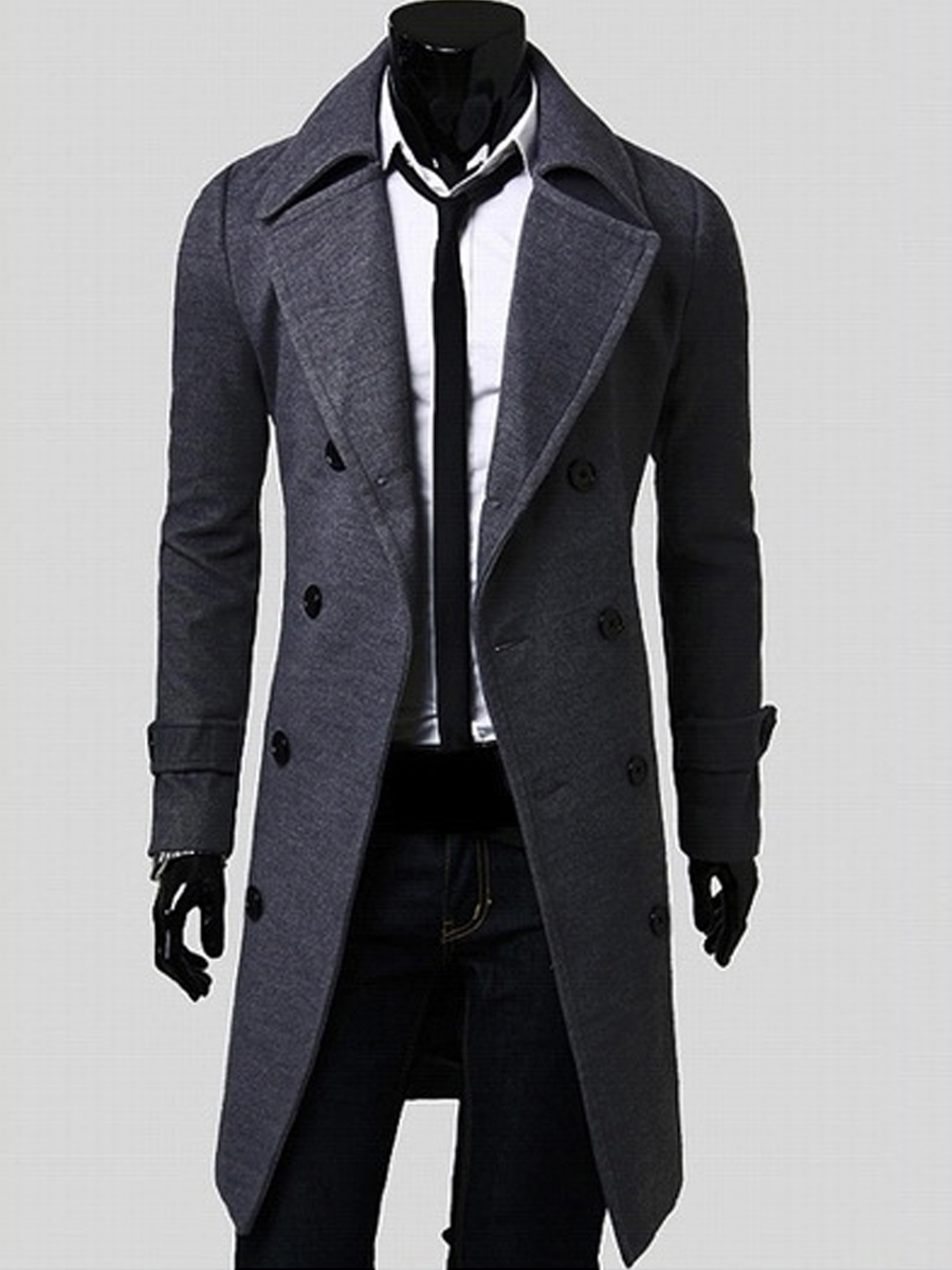 Plain Notched Lapel Mid-Length Slim Men's Coat