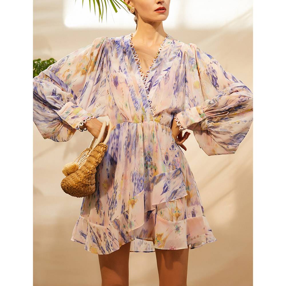 Long Sleeve Print V-Neck Above Knee Fashion Women's Dress