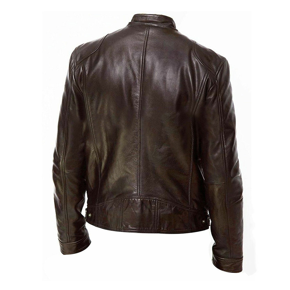 Standard PU Stand Collar Plain Men's Leather Jacket