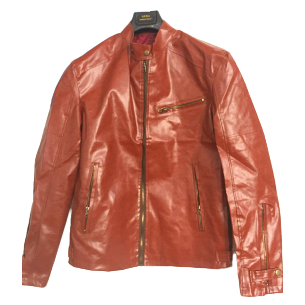 Fashion Plain Standard Stand Collar Zipper PU Men's Leather Jacket