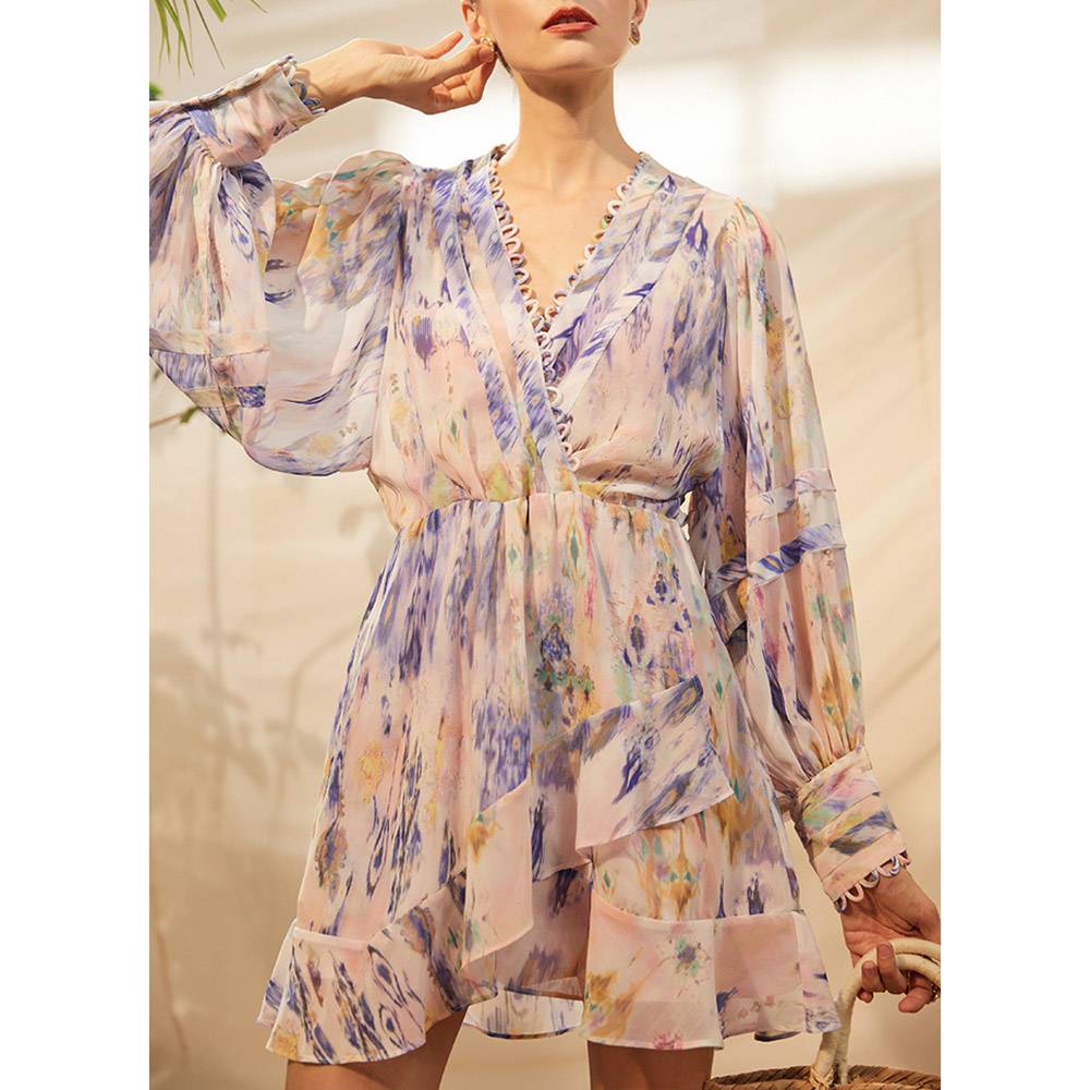 Long Sleeve Print V-Neck Above Knee Fashion Women's Dress