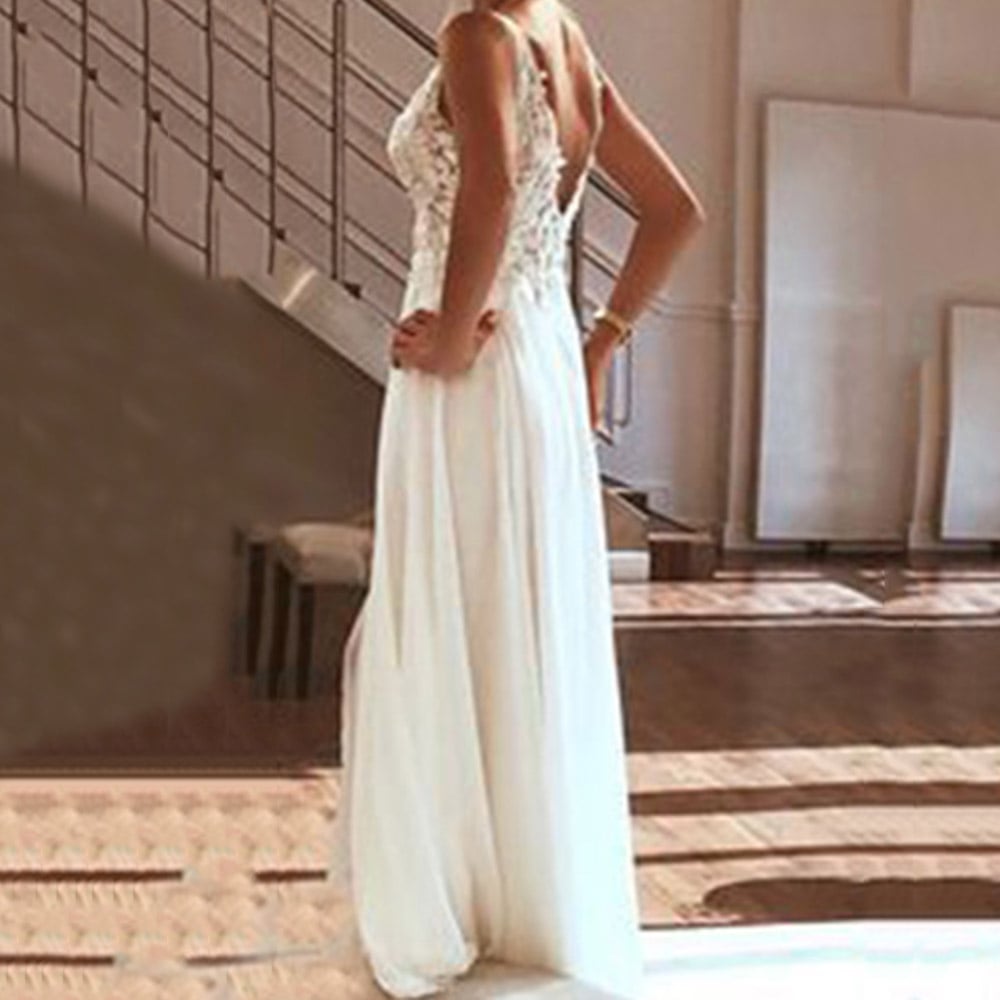 Wedding Guest Dress V-Neck Sleeveless Floor-Length Appliques Split Women's Dress