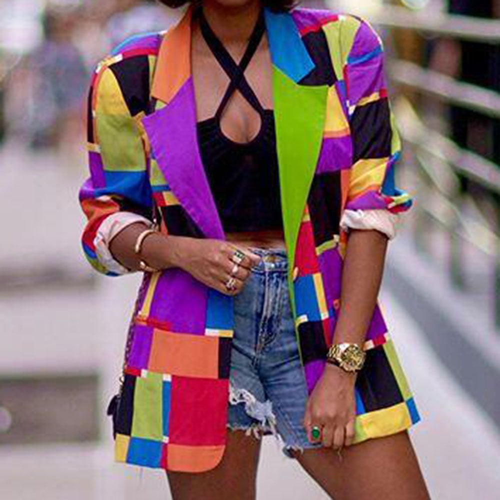 Pride Rainbow Notched Lapel Color Block Nine Points Sleeve Mid-Length Women's Casual Blazer