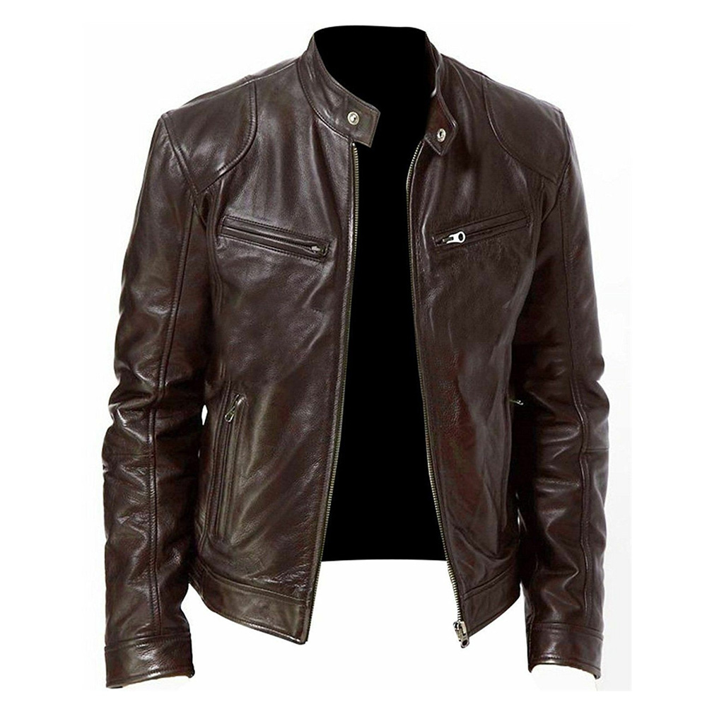 Standard PU Stand Collar Plain Men's Leather Jacket