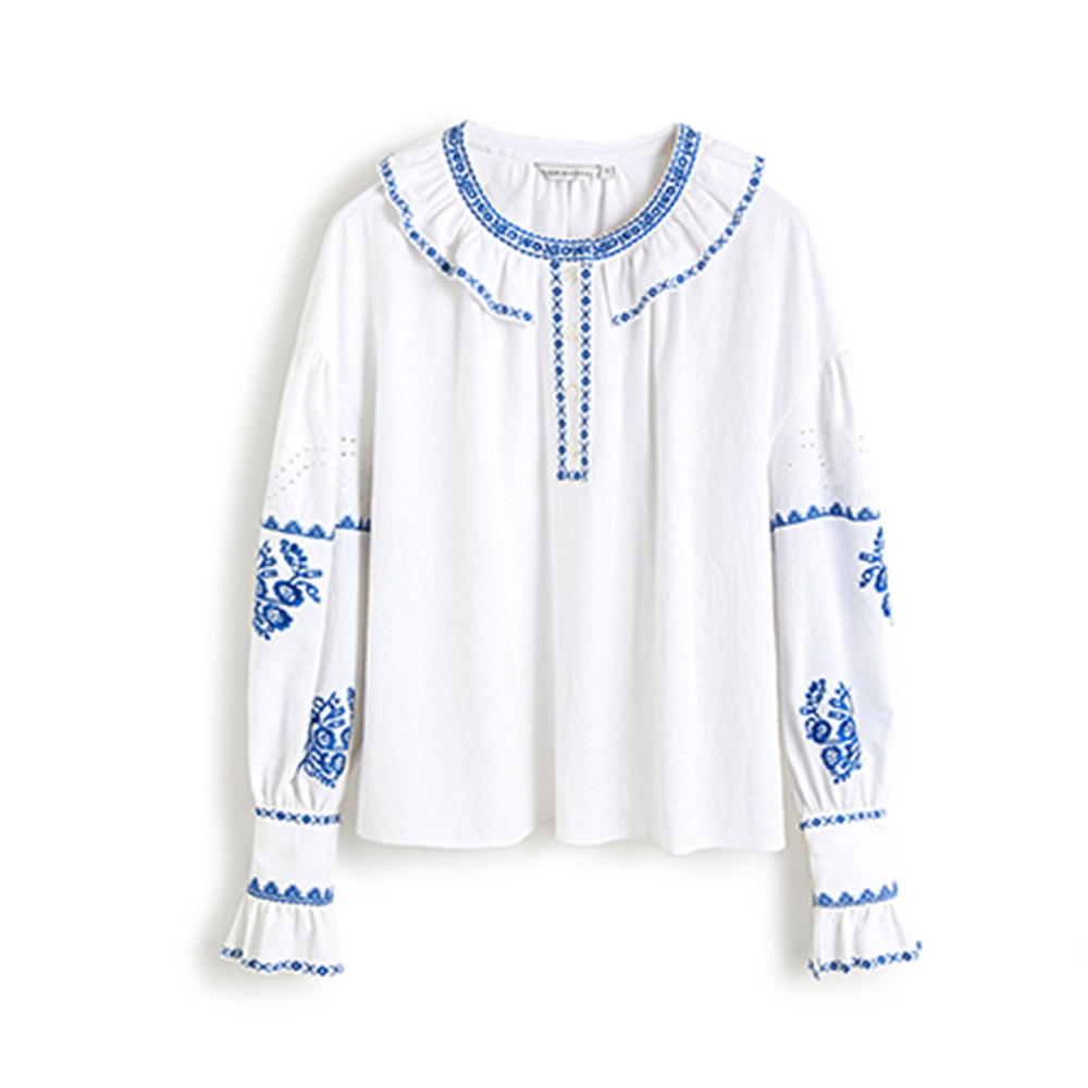 Color Block Embroidery Long Sleeve Women's Blouse