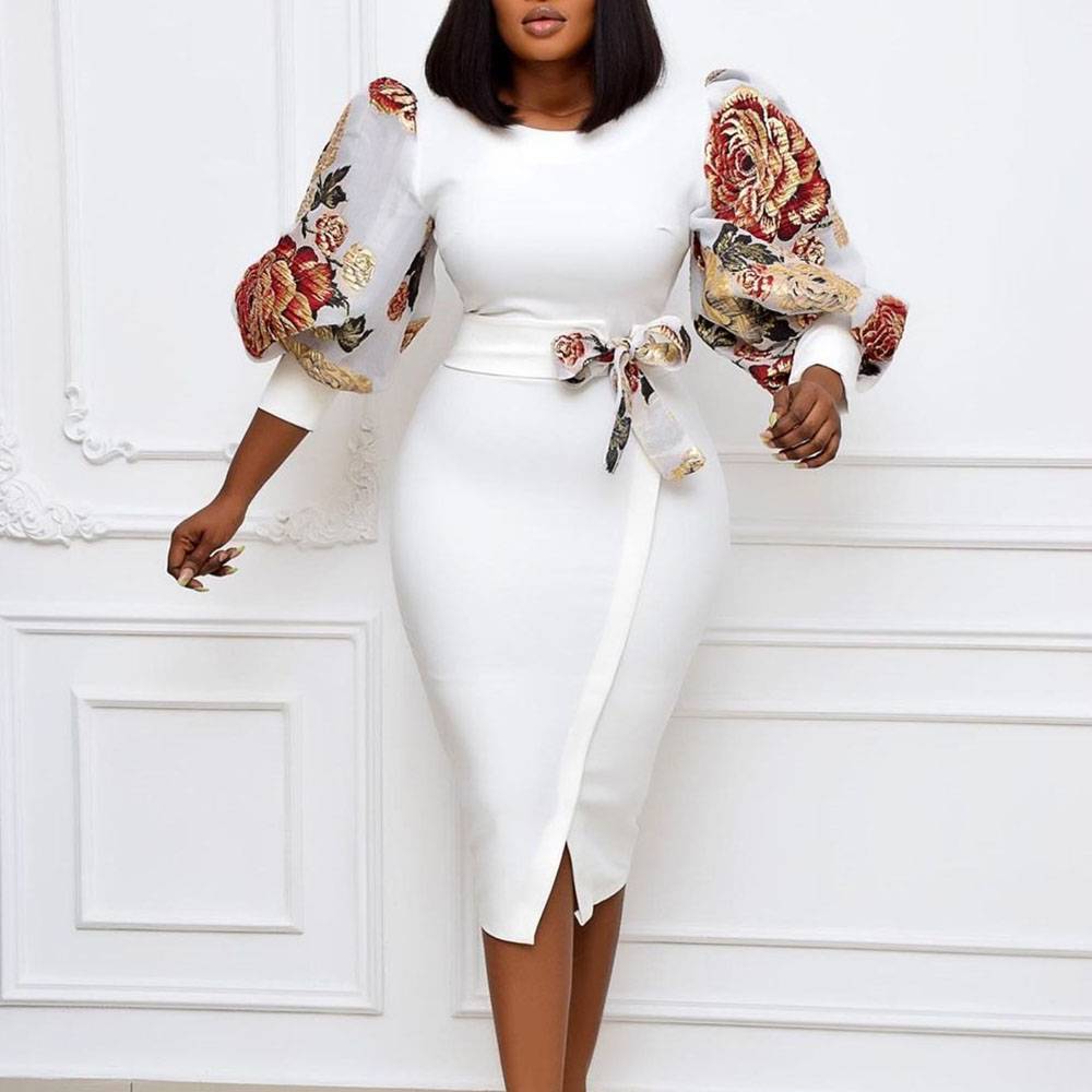 Floral Midi Dress Split Three-Quarter Sleeve Mid-Calf Round Neck Puff Sleeve Women's Dress