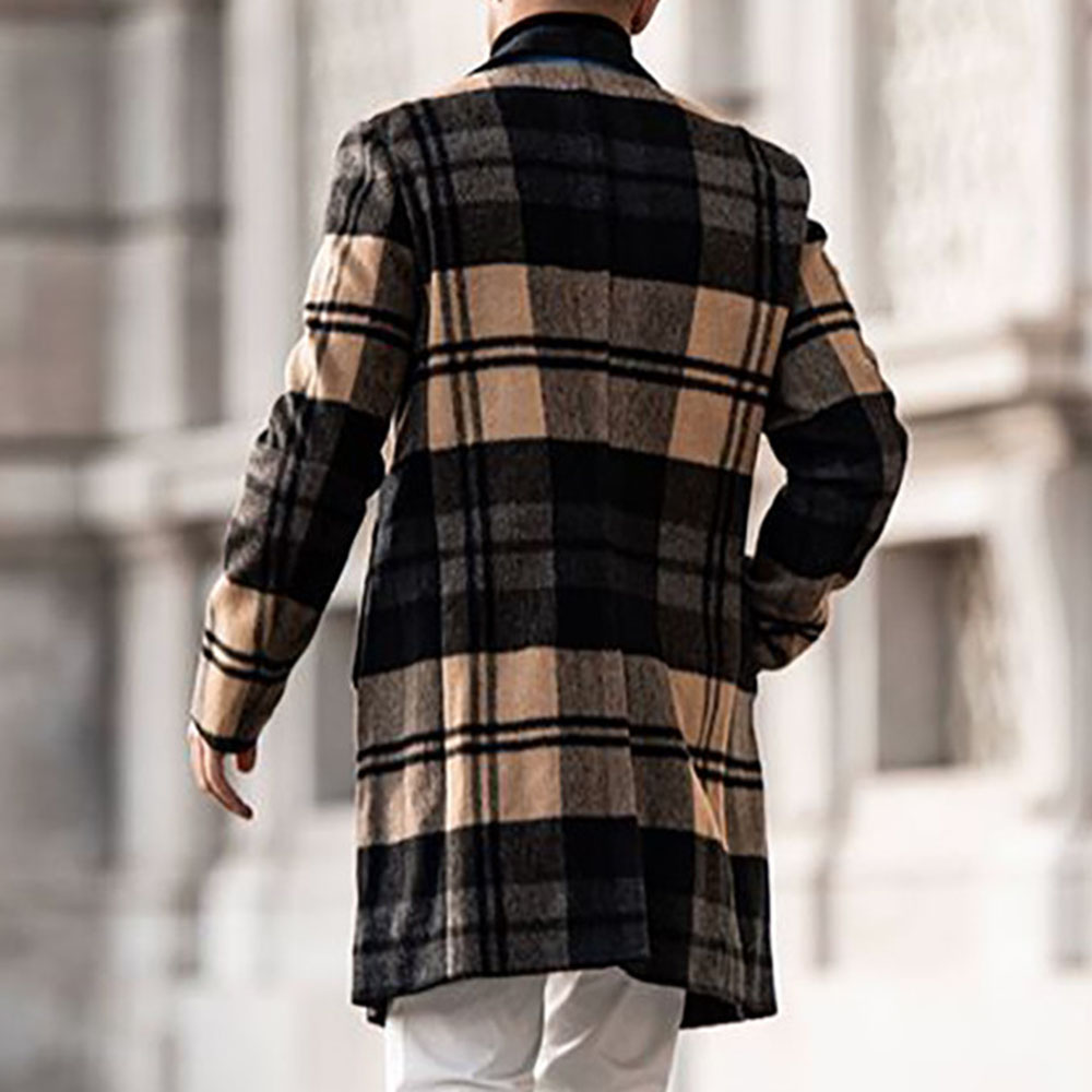 Mid-Length Notched Lapel Plaid Single-Breasted Men's Coat