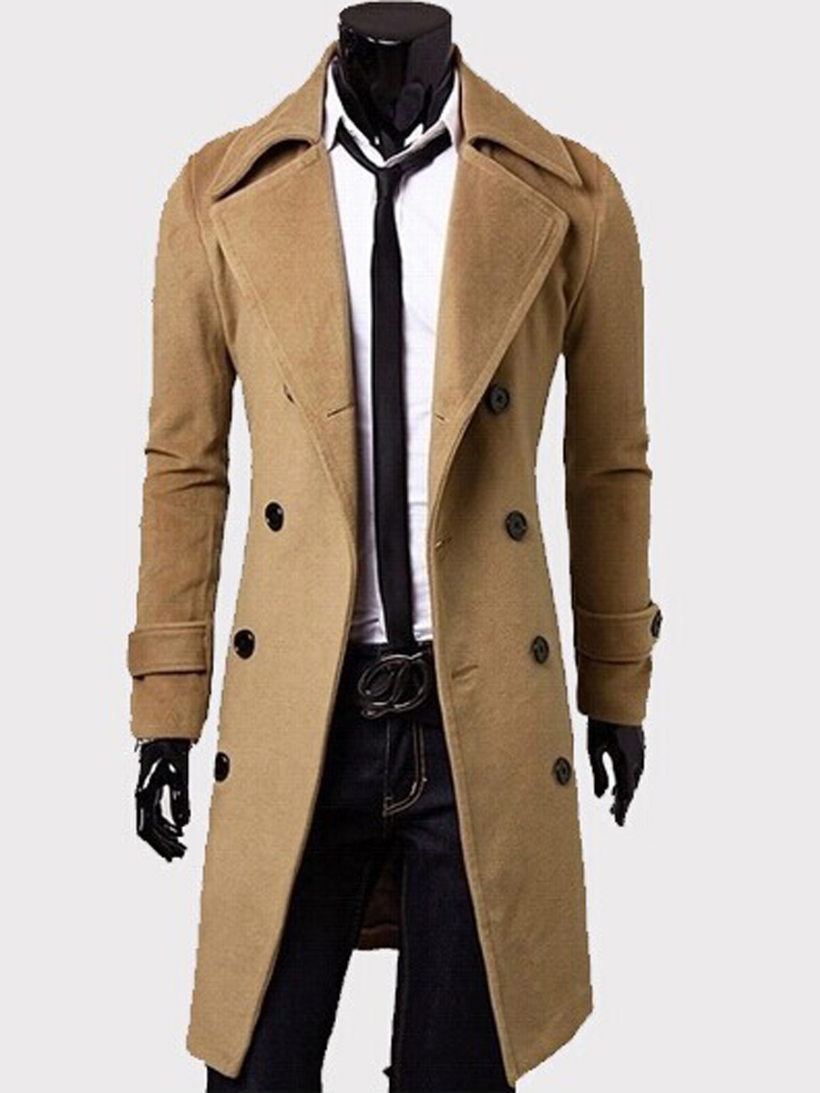 Plain Notched Lapel Mid-Length Slim Men's Coat
